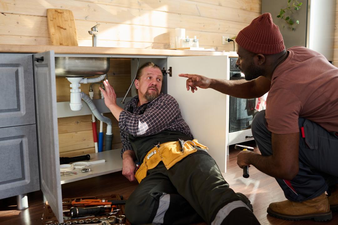 Experienced plumber mentoring colleague