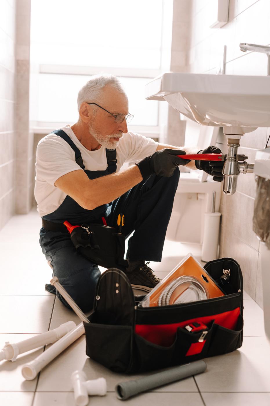 Senior plumber installing sink fixture